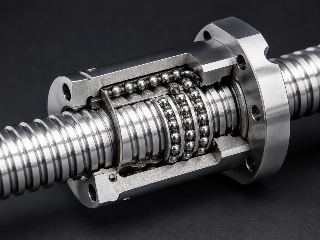 Ball screw cutaway showing recirculating ball bearings