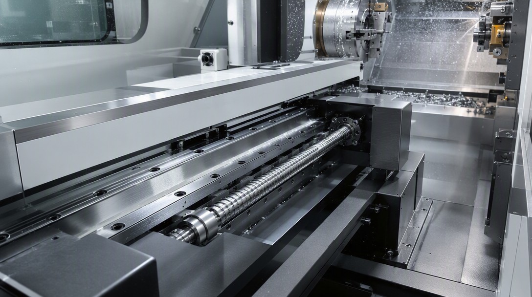 Ball screw and linear guideway on a CNC lathe feed axis